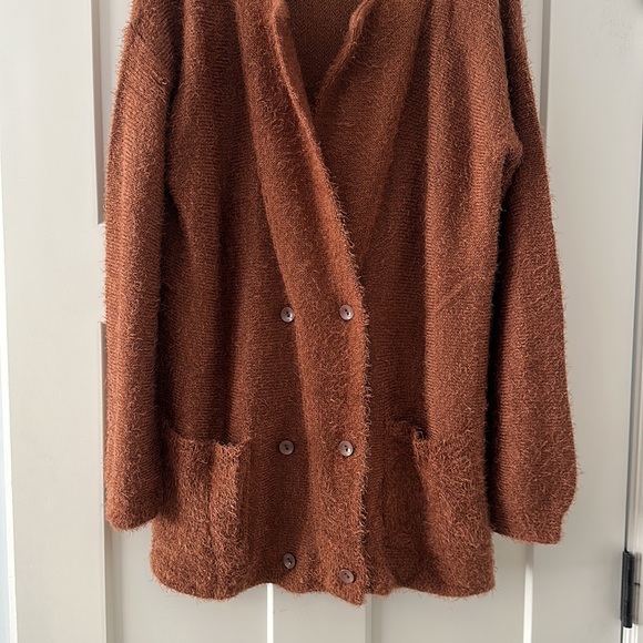 Burnt Orange Fuzzy Coat-Like Cardigan - Picture 2 of 6